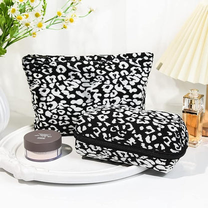 2 Pieces Leopard Print Makeup Bag Large Cosmetic Bag Capacity Canvas Mix Travel Toiletry Bag Organizer Cute Makeup Brushes Aesthetic Accessories Storage Bag for Women, Leopard Print Mix Black