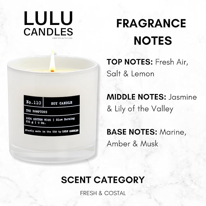Lulu Candles | The Hamptons - Fresh Citrus & Ocean Mist | Luxury Scented Soy Jar Candle | Hand Poured in The USA | Highly Scented & Long Lasting (9 Oz.)