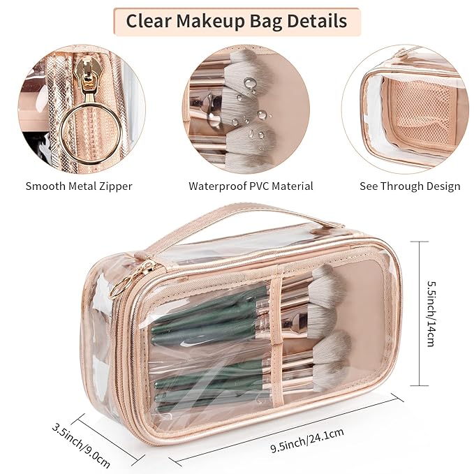 OCHEAL Clear Makeup Bag, Portable Makeup Storage Organizer Cosmetic Bag, Travel Makeup Bag Cute Clear Pouch For Women and Girls Cosmetics Bags with Divider Makeup Brush Compartment-Rose Gold