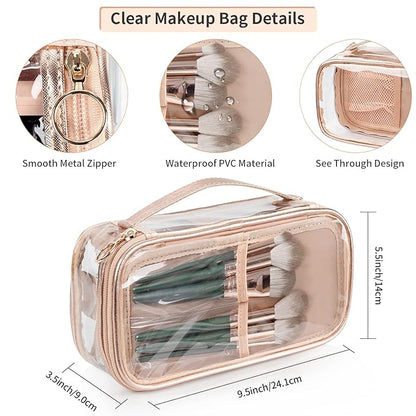 OCHEAL Clear Makeup Bag, Portable Makeup Storage Organizer Cosmetic Bag, Travel Makeup Bag Cute Clear Pouch For Women and Girls Cosmetics Bags with Divider Makeup Brush Compartment-Rose Gold
