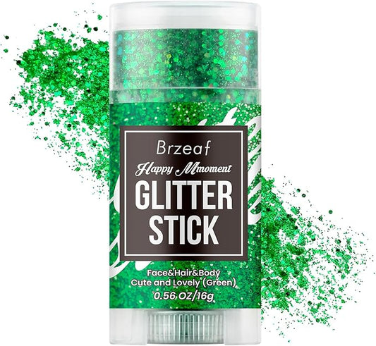 Brzeaf Waterproof Green Body Glitter Stick, Chunky Glitter for Face/Body/Hair/Eyes/Lip, Singer Concert Music Rave Festival, Glitter Stick Makeup & Face Glitter Gel for Women Men 0.56 OZ