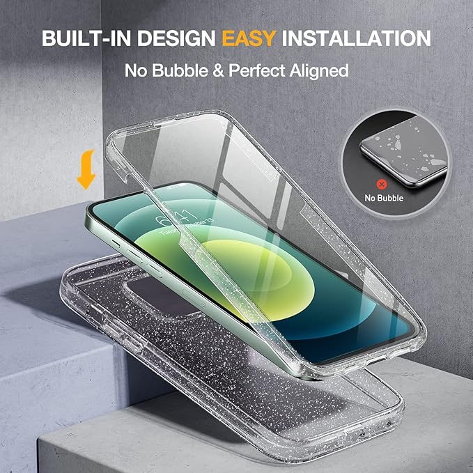 Miracase Glass Series for iPhone 12/12 Pro - Full-Body Rugged Protective Case with Built-in 9H Tempered Glass Screen Protector and Camera Lens Protector - Glitter Clear