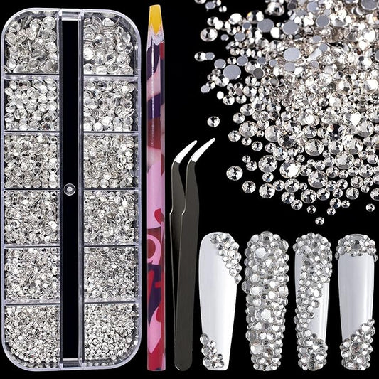 6 Sizes Transparent White Silver Glass Crystal Kit with Pickup Pen + Tweezer Tools for Shine Nail Art Manicure Makeup DIY Decoration Flatback Round Rhinestone Gem Jewelry Diamond