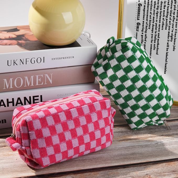 2 Pieces Makeup Bag Pouch Checkered Cosmetic Bag Pink Green, Travel Toiletry Bag Organizer Cute Makeup Brushes Storage Bag for Women