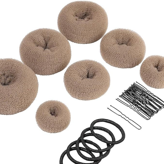 Teenitor Donut Hair Bun Maker 7 Pieces, Bun Maker Set with Hair Bun Makers (1 extra-large, 2 large, 2 medium and 2 small), 5 pieces Hair Elastic Bands, 20 pieces Hair Pins, Tan Color