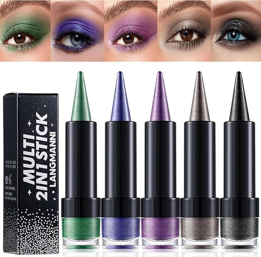 5PCS 2-in-1 Gradient Eyeliner & Eyeshadow Stick Combo, Shimmer & Matte Cream Eyeshadow Pencil, Waterproof & Smudge-Proof, Long-Lasting Eye Makeup, Metallic & Neutral Shades (Midnight)