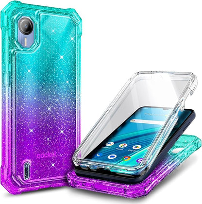 Designed for Cricket Debut S2, AT&T Calypso 4 Case with [Built-in Screen Protector] [6FT Military Grade Drop Tested] Full-Body Protective Shockproof Bumper Case (Glitter Aqua/Purple)