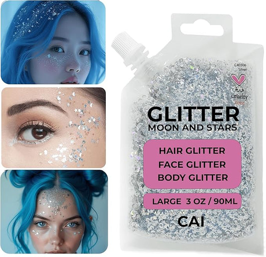 Hair Glitter Gel; Body Glitter & Face Glitter for Women/Kids (Large 3 Oz Silver) Moon & Stars; Iridescent Holograph Cosmetic Grade- Apply Without Glue, Easy to Take Off Keeps Skin Clean