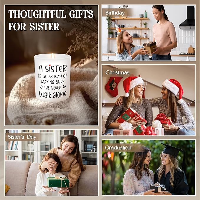 TEEZWONDER Mothers Day Gifts for Sister - A Sister Never Walk Alone Long Lasting Vanilla Lavender Candle 10 oz - Sister Mothers Day Gift Ideas, Christian Birthday Gifts for Women Sisters