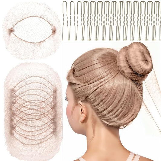 FANDAMEI Hair Net for Kids, Invisible Hair Nets 20PCS 30cm with 40PCS U Shaped Hair Pins, Hair Nets for Buns, Bun Hair Nets for Ballet Girls Hair Accessories Set for Women, Girls-Tan Brown