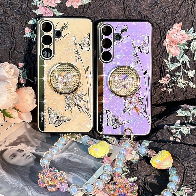 for Samsung Galaxy A16 Case with Kickstand,A16 5G Phone Case Girly Bling Diamond Butterfly Design,Luxury Plating Sparkle Pearl Hard Back Soft TPU Bumper with Bead Strap for Women Girls Pink