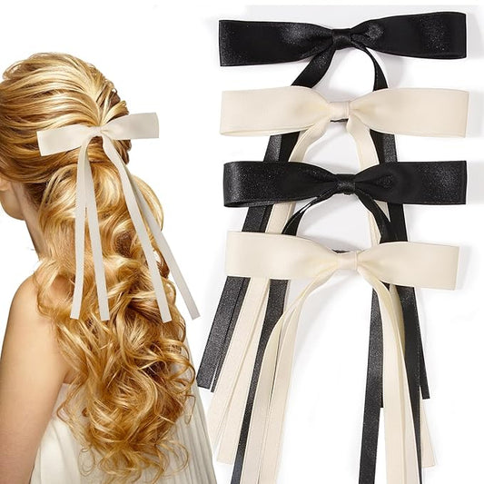 4 PCS Tassel Ribbon Bowknot Hair Clips With Long Tail for Women Girl Teens Kids, Solid Holder Fashion Bow Bowknot Hair Accessories Headwear Barrettes Claw(Black&Beige)