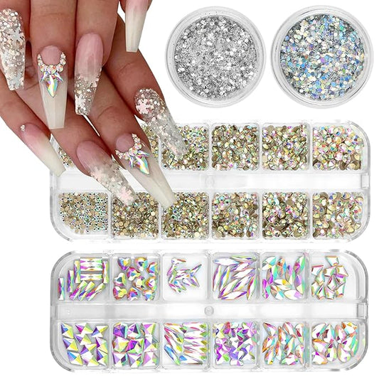 Nail Art Rhinestones Flatback Rhinestones Nail Charms Fine Glitter Supplies Mixed AB Crystals Gems Glitter Powder Luxury Design Jewelry Accessories for Women Manicure Decorations.