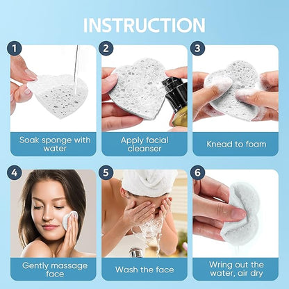 50-Count Heart Shape Compressed Facial Sponges for Daily Facial Cleansing and Exfoliating, 100％ Natural Cosmetic Spa Sponges for Makeup Remover, White