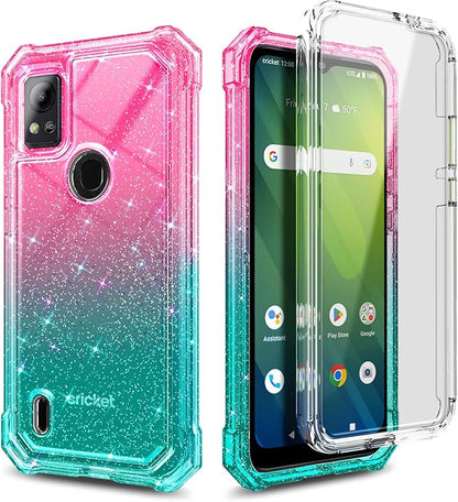 Designed for Cricket Icon 5 Case, AT&T Motivate 4 Phone Case with [Built-in Screen Protector], [5.5FT Mil-Grade Drop Tested] Full-Body Protective Shockproof Bumper Case (Glitter Pink/Aqua)