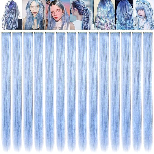 12 Pcs Colored Hair Extensions, 20 Inch Clip In Rainbow Hair Extensions Heat-Resistant Straight Hair Pices for Kids Women Cospaly Party Gift(Light blue)