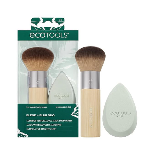 EcoTools Blend + Blur Makeup Brush and Sponge Duo, Makeup Blender Sponge & Foundation Brush, For Liquid & Cream Makeup, Cloud Skin, Eco Friendly, Latex-Free, Cruelty Free, & Vegan, 2 Piece Set