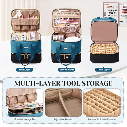 Nail Polish Organizer - Double Layer Storage Box Holds 42 Bottles & Nail Tech Kit Supplies, Large Capacity Case Carrying Bag