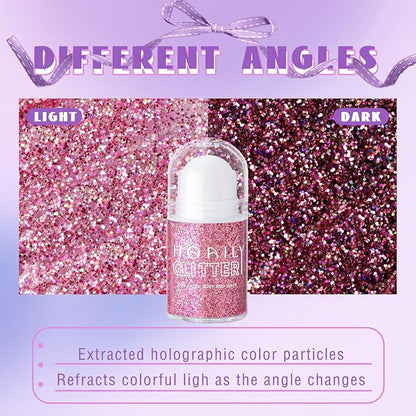 Roll-on Holographic Body Glitter Gel for Face Hair, Chameleon Color Changing Glitter Gel Under Light, Chunky Mermaid Sequins Festival Party Rave Accessories Shimmer Makeup (20# Pink)