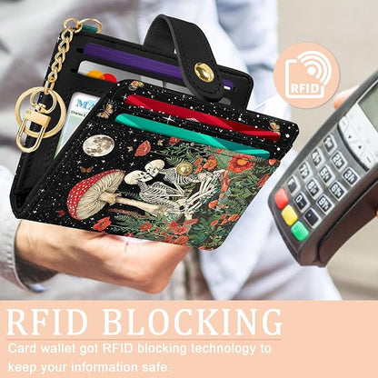 Mushroom Skull Rfid Ladies Wallet, Small Slim Thin Compact Credit Card Women Wallet, Skeleton Goth Horror PU Leather Bifold Zipper Coin Pocket for Female