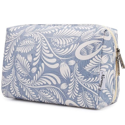 Narwey Cute Makeup Bag Travel Cosmetic Bag Organizer Toiletry Bag Make Up Bags with Compartments for Women Girls (Large, Blue Leaf)