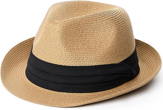 FURTALK Fedora Straw Sun Hat for Men Women Foldable Roll Up Short Brim Trilby Hat Panama Beach Hat UPF 80+