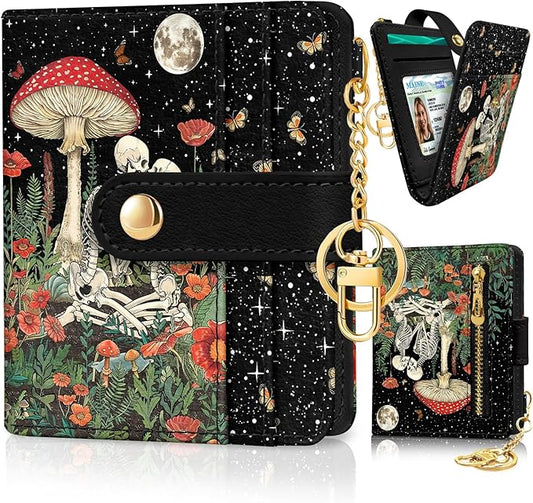 Mushroom Skull Rfid Ladies Wallet, Small Slim Thin Compact Credit Card Women Wallet, Skeleton Goth Horror PU Leather Bifold Zipper Coin Pocket for Female