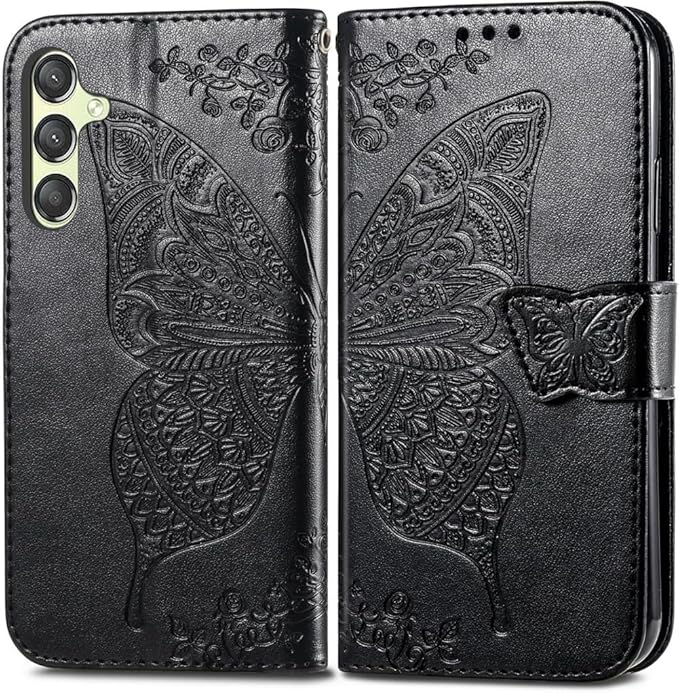 for Samsung Galaxy S25 Case Wallet PU Leather Credit Card Holder Full Body Cute Butterfly Design with Wrist Strap Soft TPU Bumper Full Body Protective Phone Case for Girls Women Black