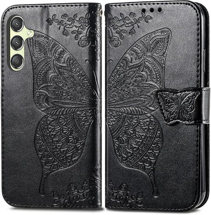 for Samsung Galaxy S25 Plus Case Wallet PU Leather Credit Card Holder Full Body Cute Butterfly Design with Wrist Strap Soft TPU Bumper Full Body Protective Phone Case for Girls Women Black