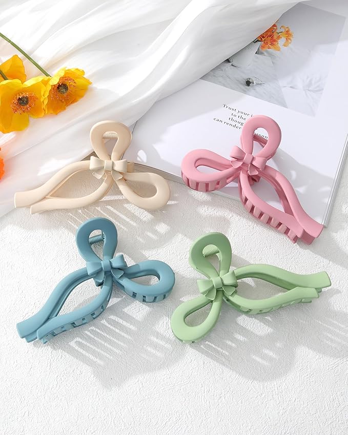 4 PCS Bow Hair Clips Bow Claw Clip for Women Nonslip Large Hair Claw Clips for Thin and Thick Hair Strong Hold Hair Bows (Pink+Blue+Green+Off-White)