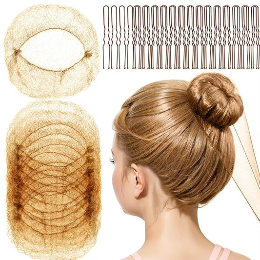 FANDAMEI Hair Net for Kids, Invisible Hair Nets 20PCS with 40PCS U Shaped Bobby Pins, 30cm Hair Nets for Buns, Bun Hair Nets for Ballet Girls Hair Accessories Set for Women, Girls-Light Brown