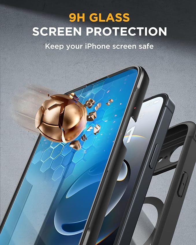 Miracase Magnetic for iPhone 16e Case Full-Body Phone with Built-in Glass Screen Protector, [Compatible with MagSafe] Military Drop Proof 16E Cover Bumper 6.1 inch, Black