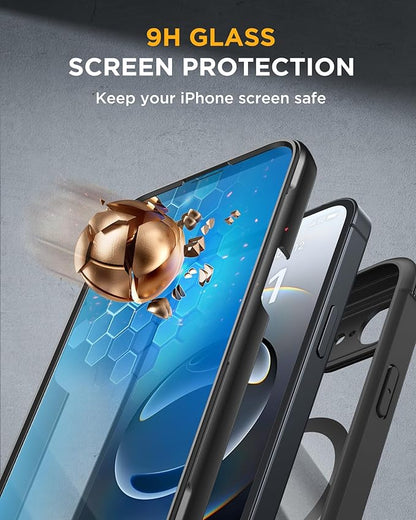 Miracase Magnetic for iPhone 16e Case Full-Body Phone with Built-in Glass Screen Protector, [Compatible with MagSafe] Military Drop Proof 16E Cover Bumper 6.1 inch, Black