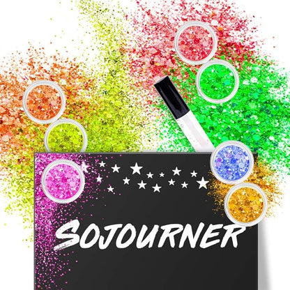 Neon Holographic Body Glitter I 12 Colors + 1 Glitter Glue for Face, Hair, Nail, Eye & Glitter Eyeshadow - Perfect for Halloween Makeup, Raves, Festivals, Resin, Tumblers, Cosmetic & Nail Art
