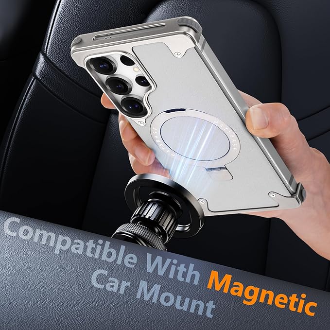 S25 Ultra Case Leather Magnetic with Ring Kickstand, Frameless for Samsung Galaxy S25 Ultra Case for Magsafe, Slim Drop-Proof Protective S25Ultra Cover for Men Women 6.86 Inch, Gray