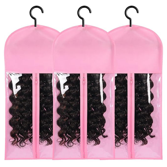 3PCS Hair Extension Holder Dust-proof Bags with Hanger Portable Storage for Multiple Wigs Holder Stand with Transparent Zip Up Closure