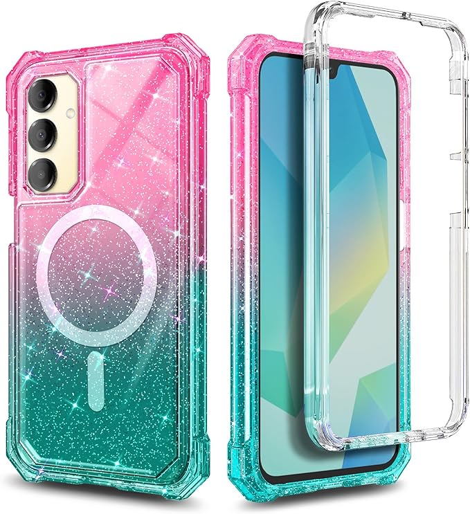 Designed for Samsung Galaxy A16 5G/4G Phone Case, Magnetic Compatible with MagSafe, [Raised Corners Drop Protection] Shockproof Protective Bumper Cover (Glitter Pink/Aqua)