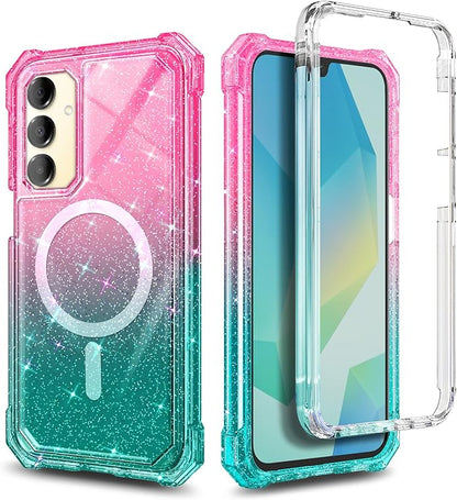 Designed for Samsung Galaxy A16 5G/4G Phone Case, Magnetic Compatible with MagSafe, [Raised Corners Drop Protection] Shockproof Protective Bumper Cover (Glitter Pink/Aqua)