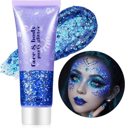 Go Ho Blue Face Body Glitter Gel,Singer Concerts Blue Face Paint Glitter Makeup,Holographic Chunky Sequins Glitters for Eye Lip Hair Nails,Festival Rave Accessories,52g
