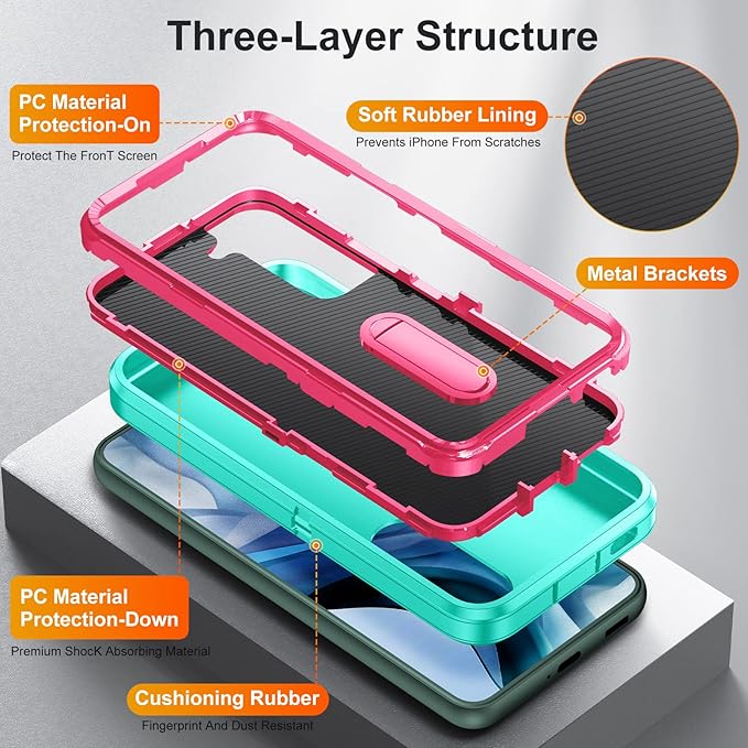 for Samsung Galaxy S22 Plus Case Galaxy S22+ Case with Kickstand Case 3-Layer Military Grade Protective Case Cover Silicone Rugged Shockproof for Galaxy S22 Plus S22+ Phone Case Cyan+Rose Red