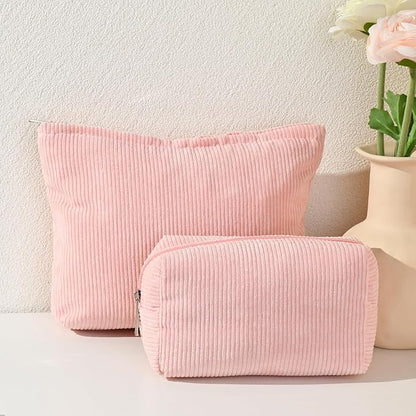 2 Pieces Makeup Bag Large Corduroy Cosmetic Bag Capacity Canvas Mix Travel Toiletry Bag Organizer Cute Makeup Brushes Aesthetic Accessories Storage Bag for Women, Corduroy Mix Pink