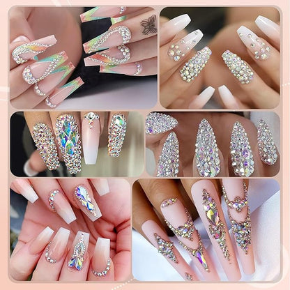 Nail Art Rhinestones Kit with Flatback Crystal (AB&Clear + AB&Clear) Gems, (White & Beige) Half Pearls with Dotting Tools, Nail Rhinestones Jewels for Manicure Makeup