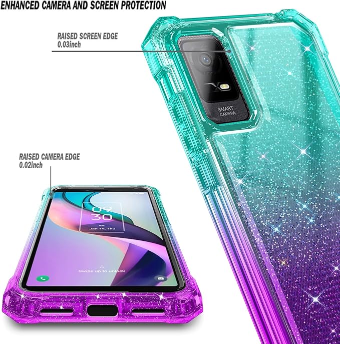 NZND Designed for TCL ION X Case, TCL ION V with [Built-in Screen Protector], Full-Body Protective Shockproof Rugged Bumper Cover, Impact Resist Case (Glitter Aqua/Purple)