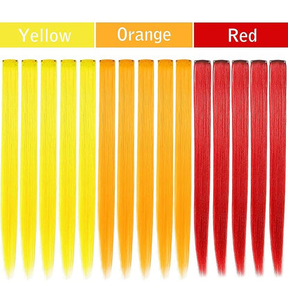 12 PCS Colored Hair Extensions, Multi-colors Hairpieces Party Highlights Clip in Synthetic Hair Extensions 20 Inch for Women and Girls (Red Orange Yellow)
