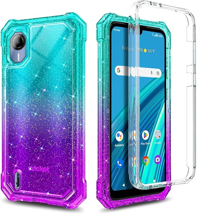 Designed for Cricket Debut S2, AT&T Calypso 4 Case with [Built-in Screen Protector] [6FT Military Grade Drop Tested] Full-Body Protective Shockproof Bumper Case (Glitter Aqua/Purple)