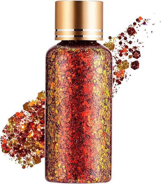 Holographic Body Glitter Gel for Face, Body, Nail, Super Long Lasting Waterproof Quick Dry Liquid Chunky Glitter Eyeshadow for Rave Festival Party Makeup Accessories, 1oz (Maple Red)