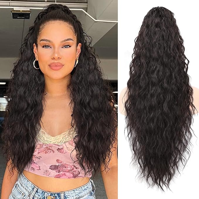 ORSUNCER Ponytail Extension Claw 26" Curly Pony Tail Clip in Claw Hair Extensions Fluffy Natural Looking Synthetic Hairpiece for Women Black Brown