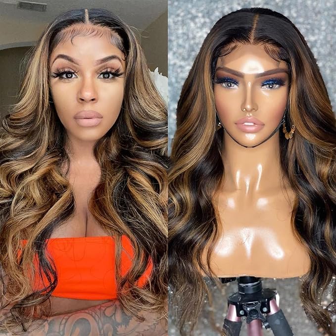 28 Inch Ombre Lace Front Wig Human Hair 13x4 HD Lace Front Wigs Human Hair for Black Women 180 Density Body Wave Full Frontal FB/30 Balayage Highlight Blonde Colored Soft and Thick
