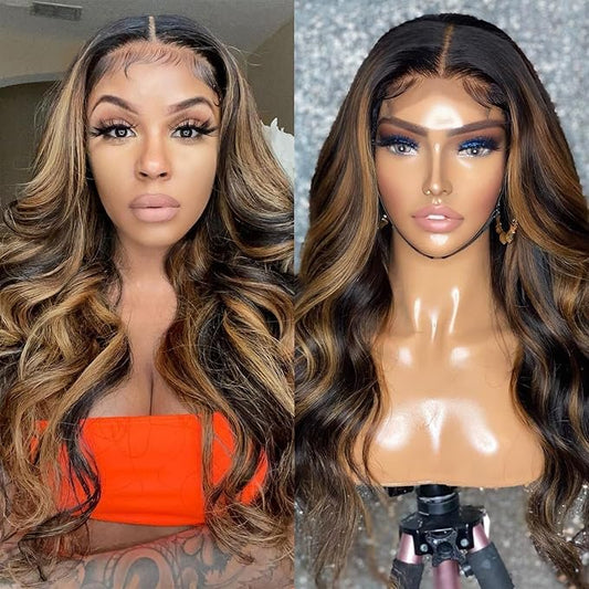 28 Inch Ombre Lace Front Wig Human Hair 13x4 HD Lace Front Wigs Human Hair for Black Women 180 Density Body Wave Full Frontal FB/30 Balayage Highlight Blonde Colored Soft and Thick