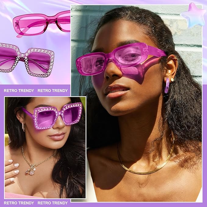 Pibupibu 8 Pack Pink Sunglasses for Women Collection Trendy Cute Costume Accessories Eyewear Set (Transparent/Solid/Mix)